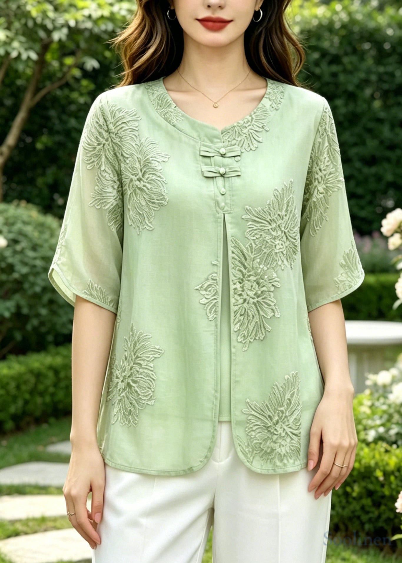 Green Embroidered Silk Fake Two Piece Shirts Summer