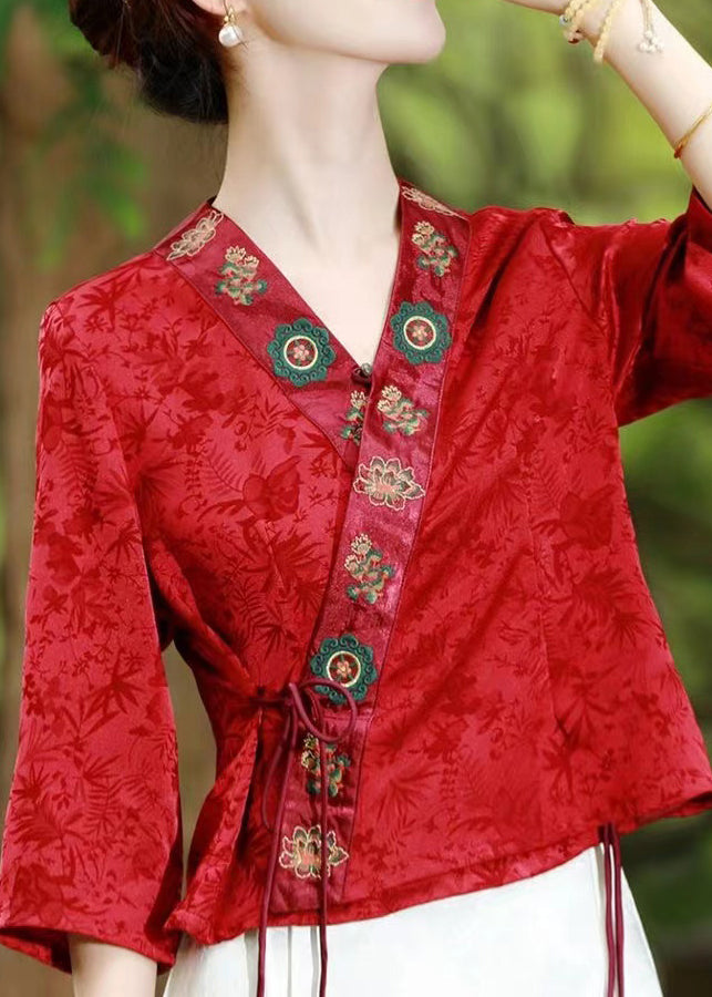 Green Embroideried Lace Up Patchwork Silk Top Summer