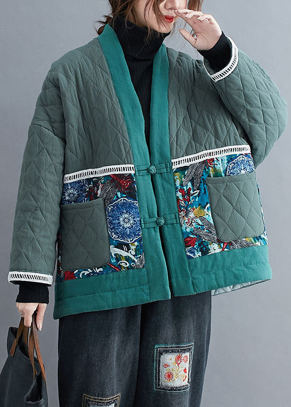 Green Embroideried Patchwork Fine Cotton Filled Winter Coats