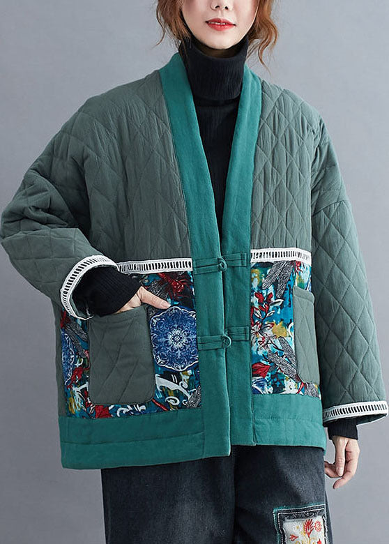 Green Embroideried Patchwork Fine Cotton Filled Winter Coats
