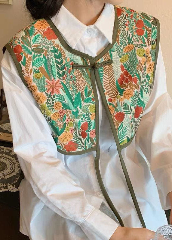 Green Embroideried Patchwork Lace Up Cotton Vest Sleeveless