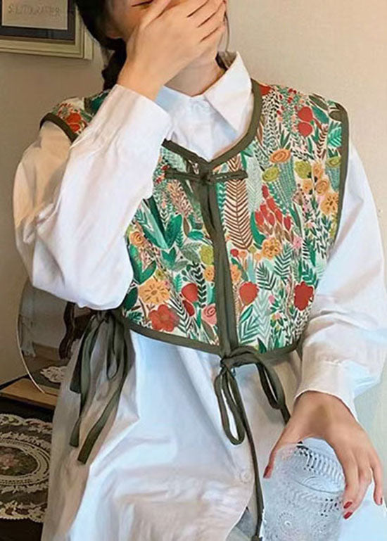 Green Embroideried Patchwork Lace Up Cotton Vest Sleeveless