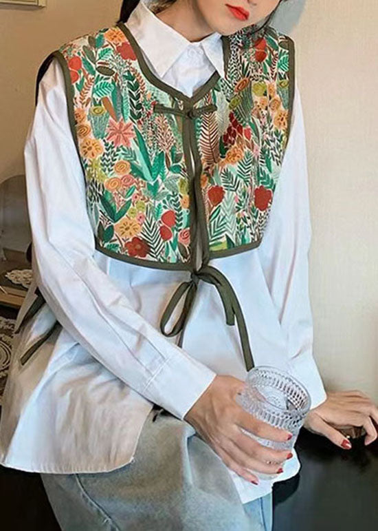 Green Embroideried Patchwork Lace Up Cotton Vest Sleeveless