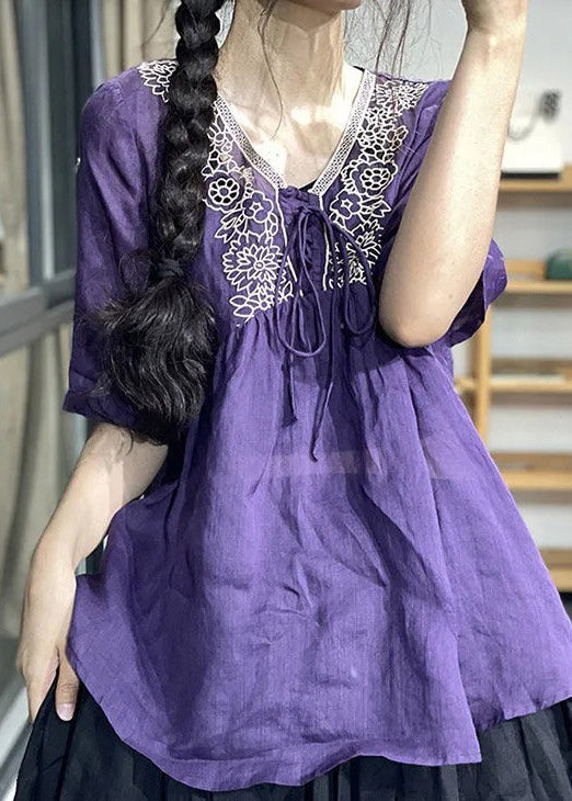 Green Embroideried Patchwork Lace Up Linen Top Short Sleeve