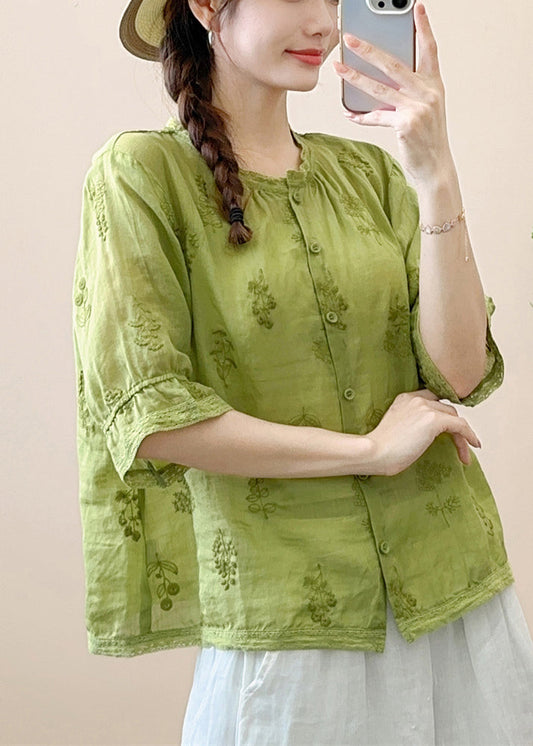 Green Embroideried Patchwork Linen Shirt Summer