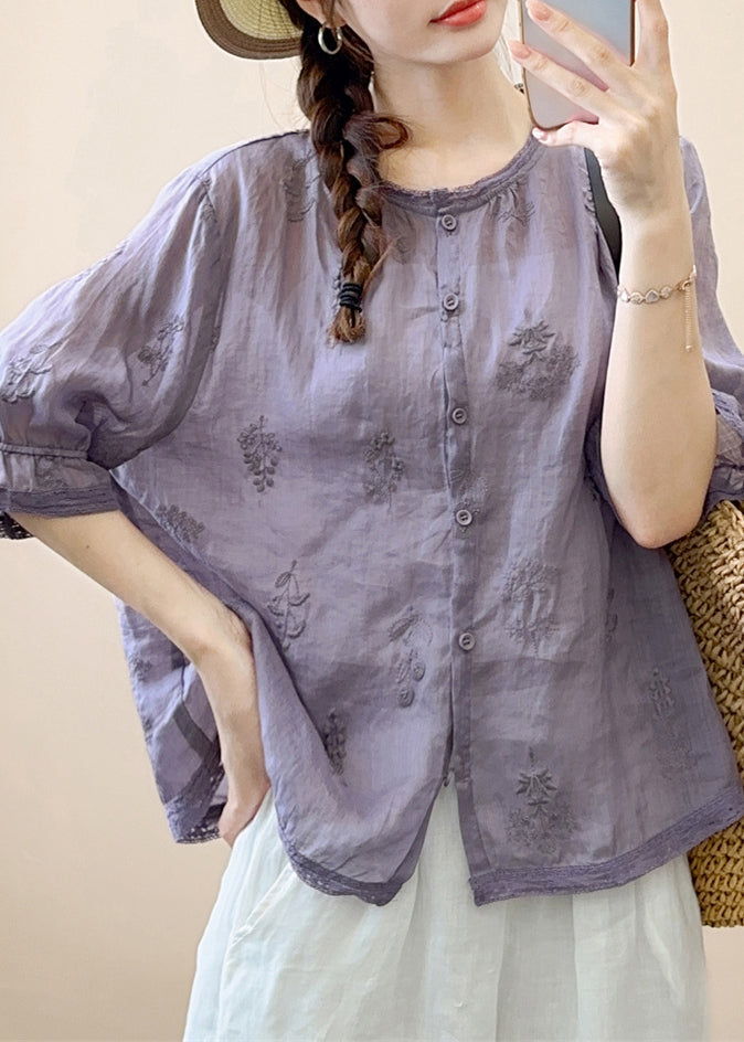 Green Embroideried Patchwork Linen Shirt Summer