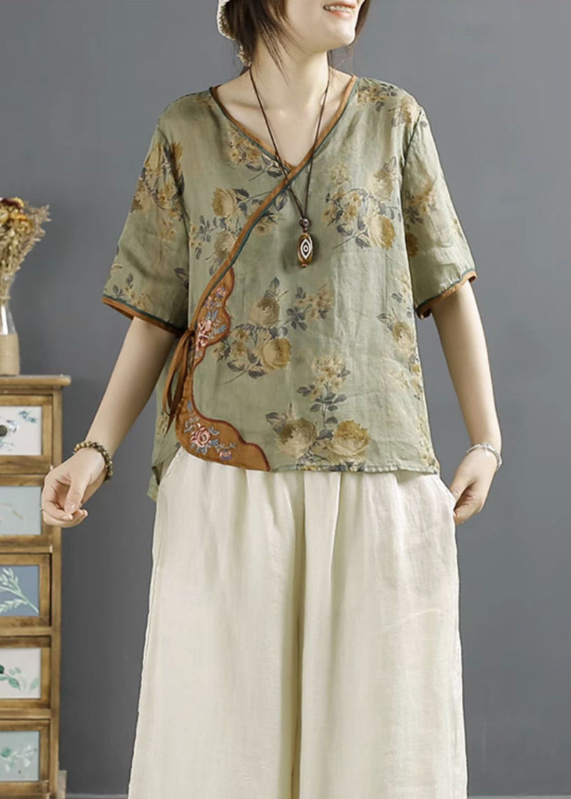 Green Embroideried Print Lace Up Linen Shirts Summer