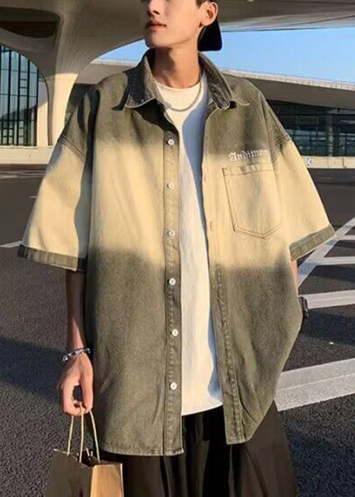 Green Gradient Color Pockets Cotton Shirts Half Sleeve