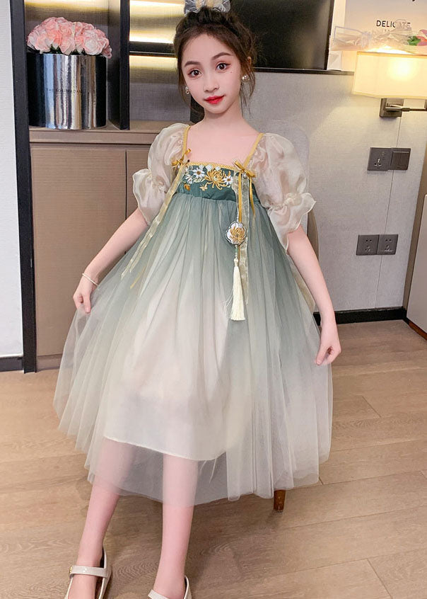 Green Gradient Embroideried Patchwork Tulle Baby Dresses Summer