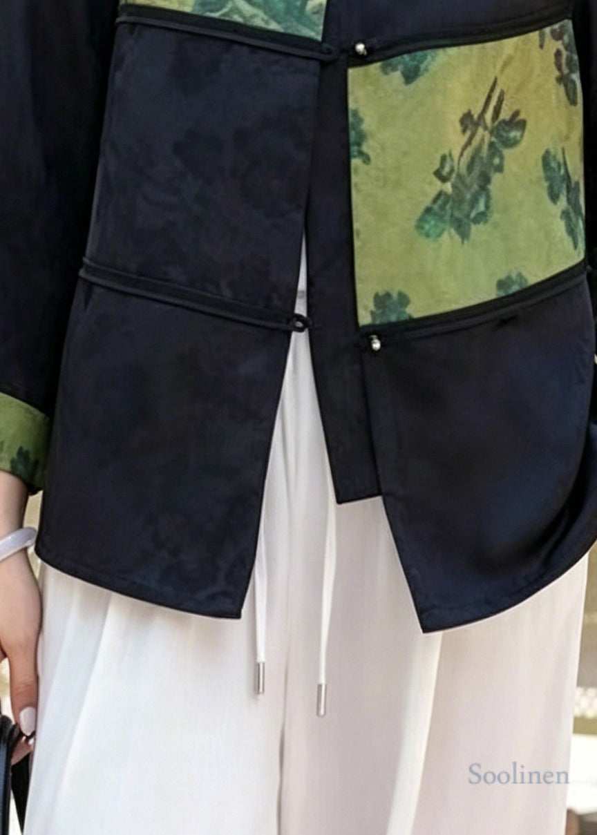 Green Jacquard Patchwork Silk Oriental Coats Bracelet Sleeve