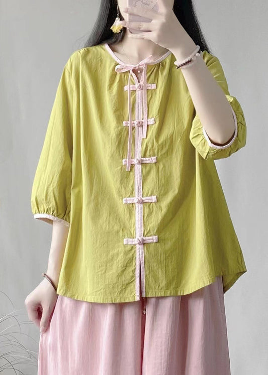 Green Lace Up Chinese Button Cotton Shirt Bracelet Sleeve