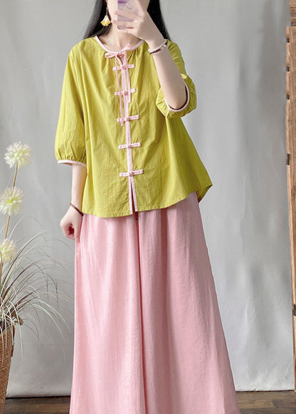 Green Lace Up Chinese Button Cotton Shirt Bracelet Sleeve
