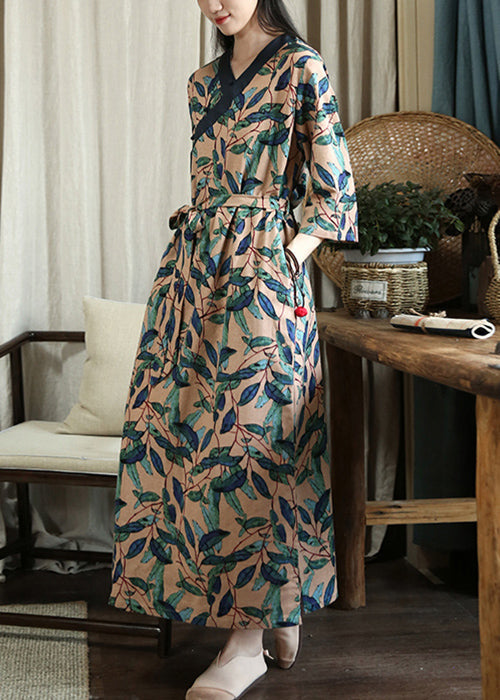 Green Leaves Print Tie Waist Pockets Cotton Maxi Dresses Half Sleeve