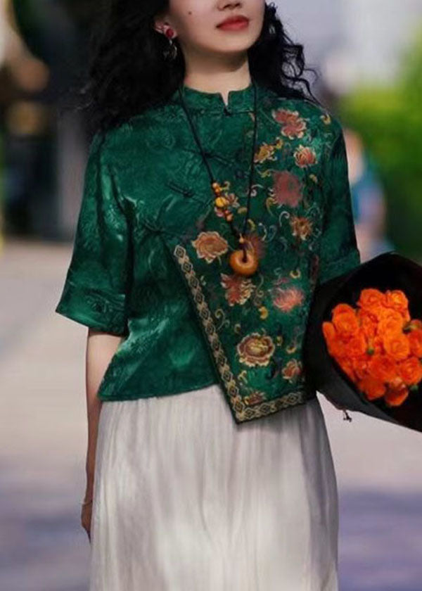 Green Mandarin Collar Asymmetrical Embroideried Silk Shirts Half Sleeve