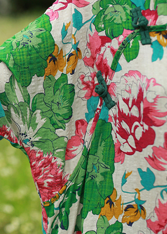 Green Mandarin Collar Cinched Print Maxi Dress Half Sleeve