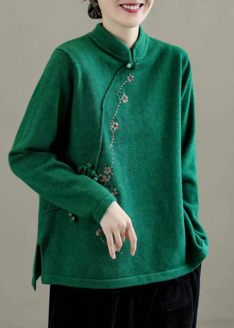 Green Mandarin Collar Embroideried Knit Sweaters Winter