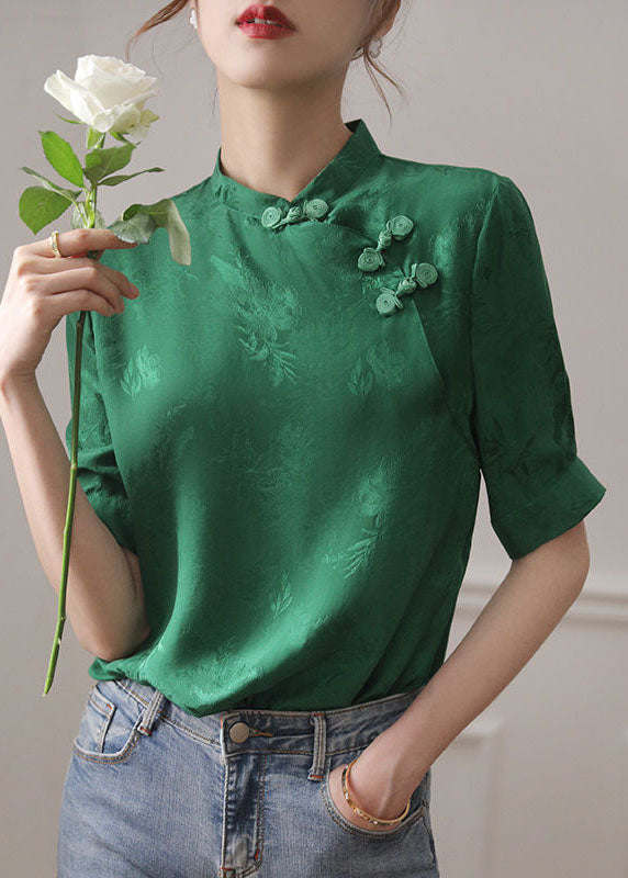 Green Mandarin Collar Jacquard Oriental Button Silk Shirt Tops Short Sleeve