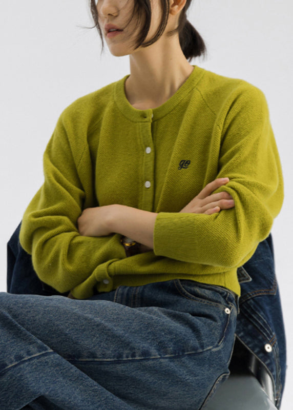 Green O-neck Cozy Woolen Knit Cardigan Long Sleeve