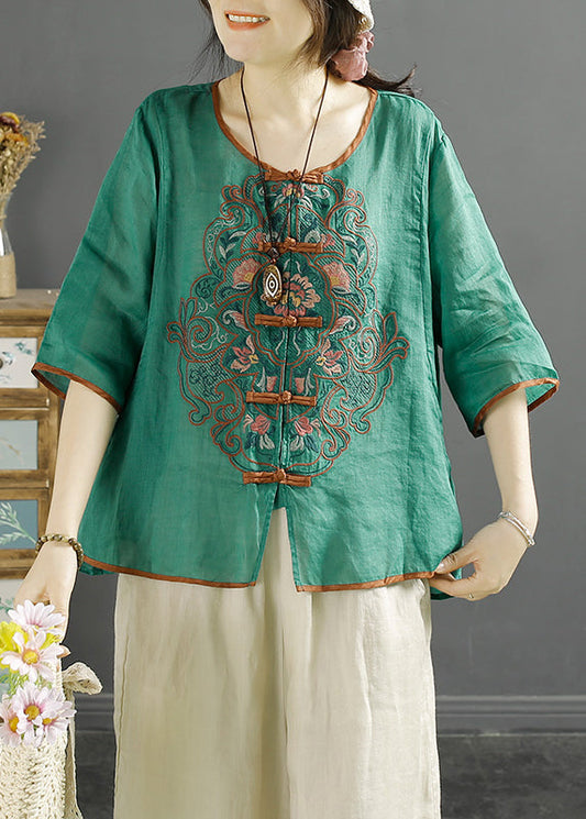 Green O-neck Embroidered Linen Shirt Top Summer