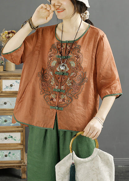 Green O-neck Embroidered Linen Shirt Top Summer