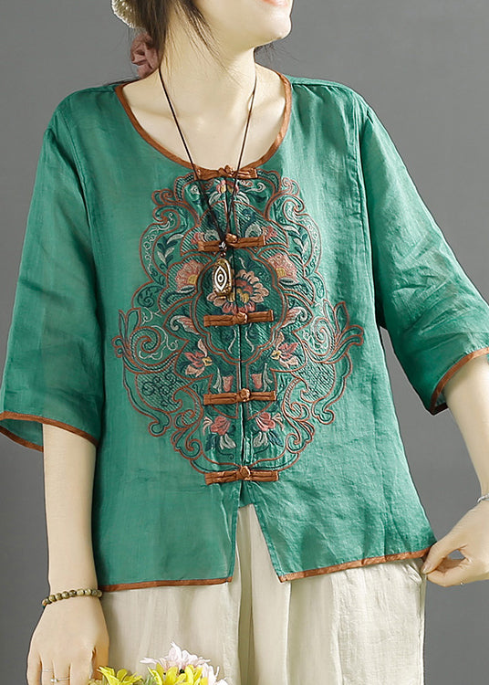 Green O-neck Embroidered Linen Shirt Top Summer