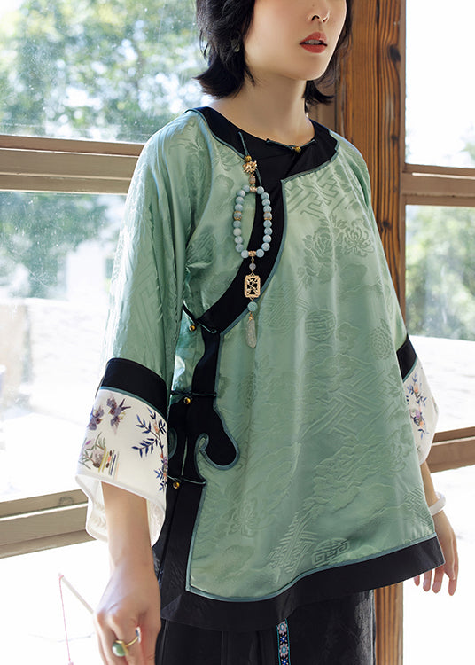 Green O-neck Embroideried Patchwork Jacquard Silk Top Long Sleeve
