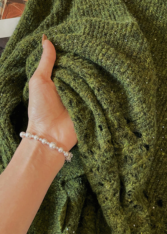 Green O Neck Hollow Out Knit Sweaters Fall