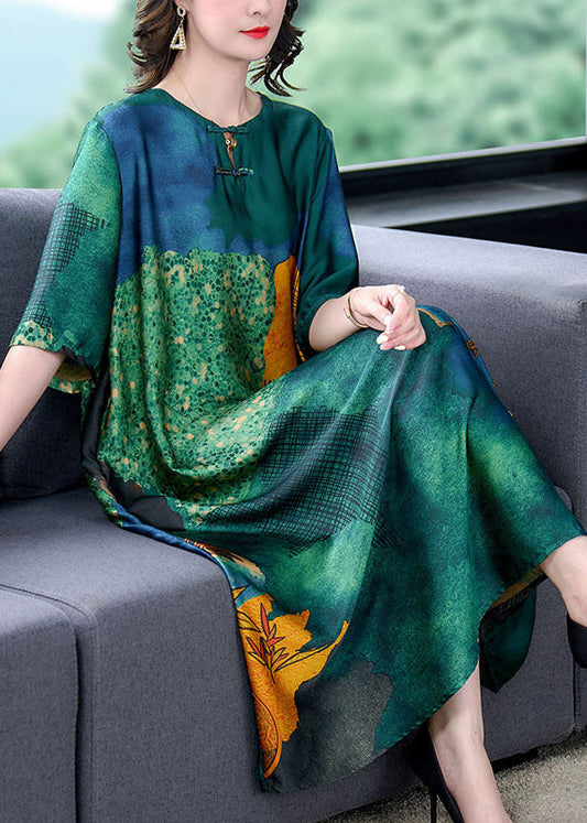Green O Neck Print Button Patchwork Silk Dress Summer