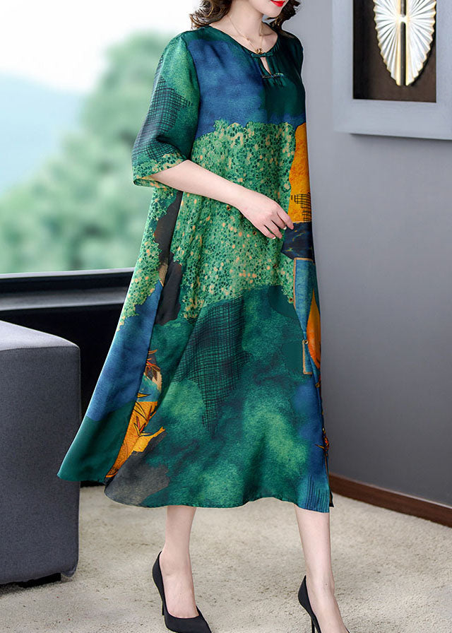 Green O Neck Print Button Patchwork Silk Dress Summer