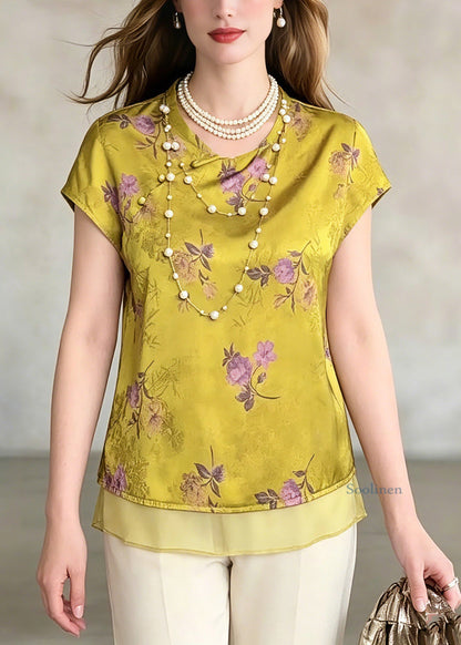 Green O-neck Print Chiffo T Shirt Summer