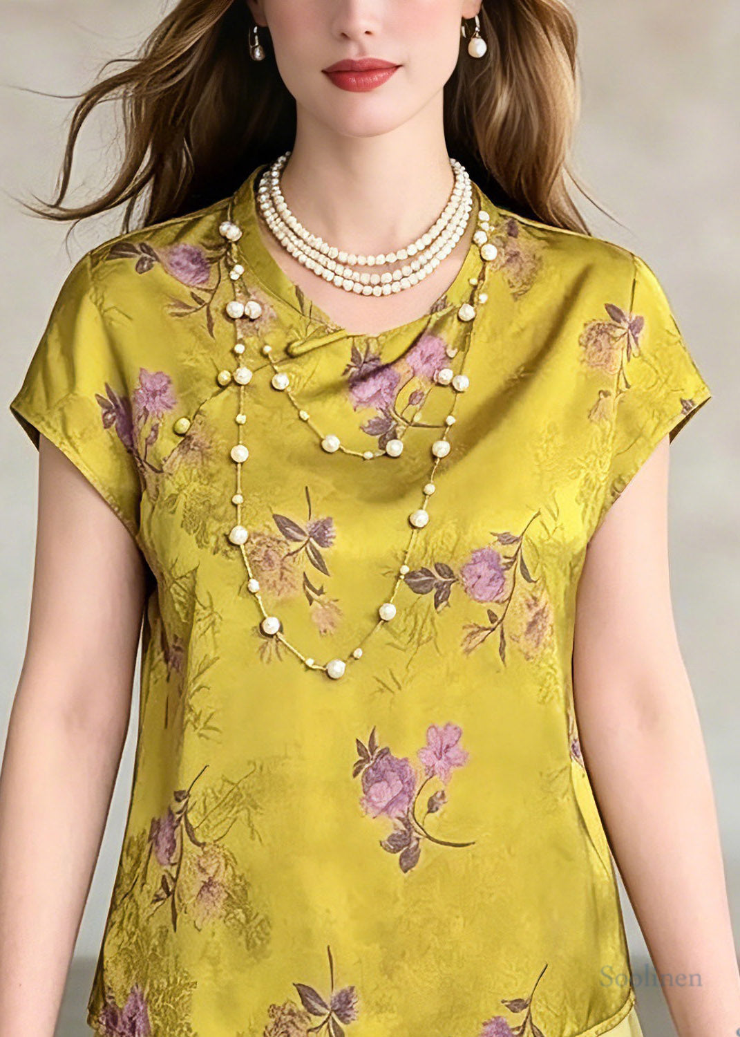 Green O-neck Print Chiffo T Shirt Summer