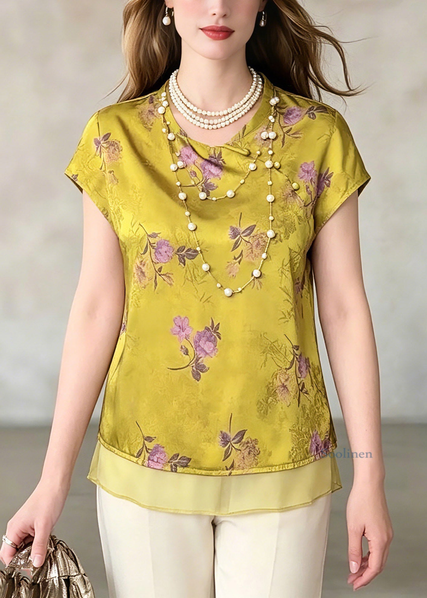 Green O-neck Print Chiffo T Shirt Summer