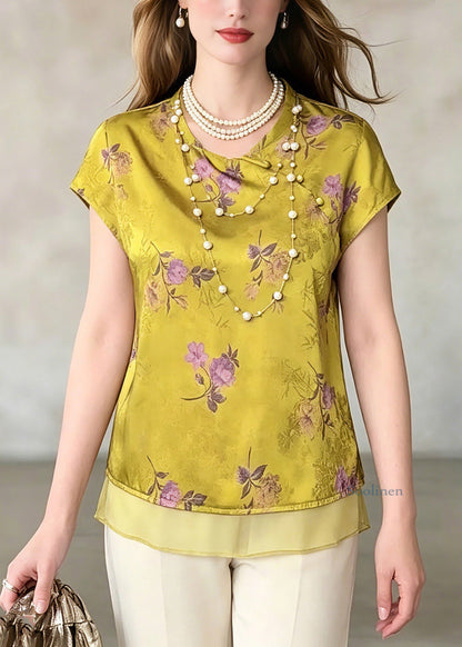 Green O-neck Print Chiffo T Shirt Summer