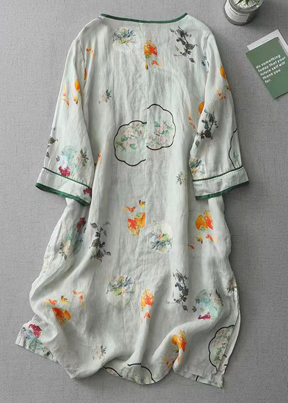 Green O Neck Print Chinese Button Cotton Dress Spring