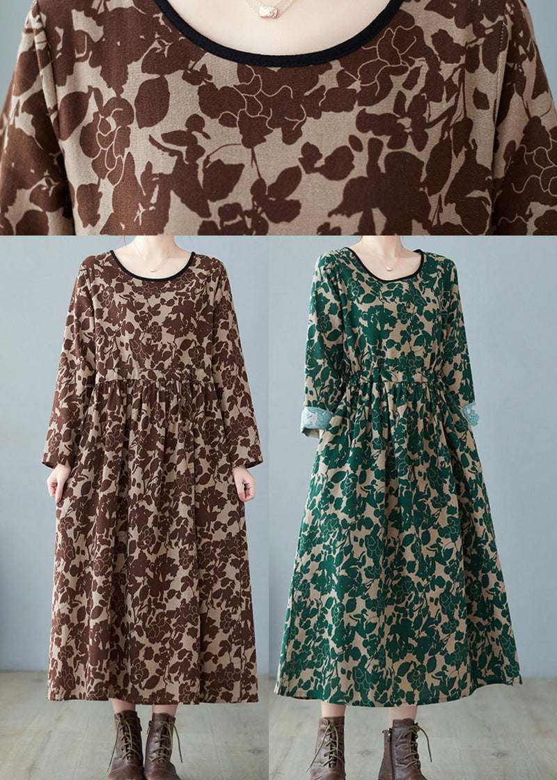 Green O-neck Print Linen Dress Spring