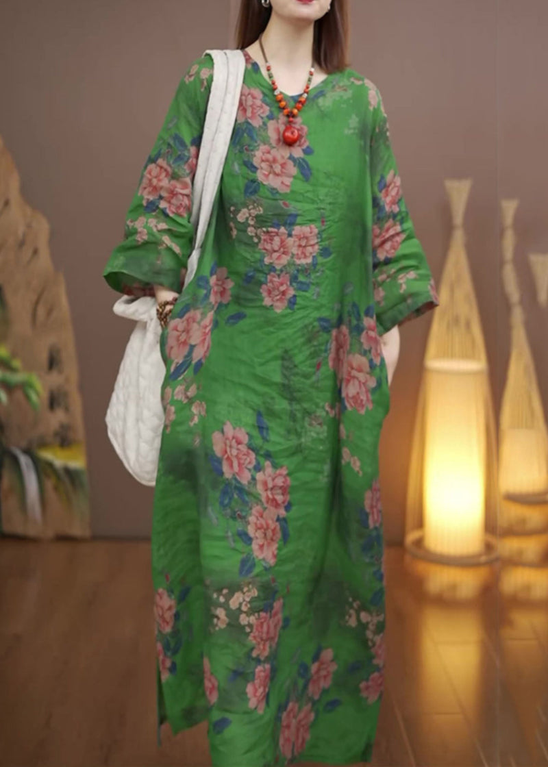 Green O-neck Print Long Dress Fall