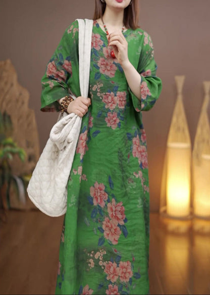 Green O-neck Print Long Dress Fall