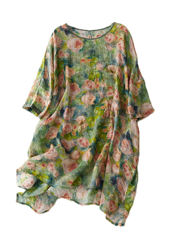 Black Flowers and Birds O Neck Print Patchwork Linen Mid Dress Bracelet Sleeve