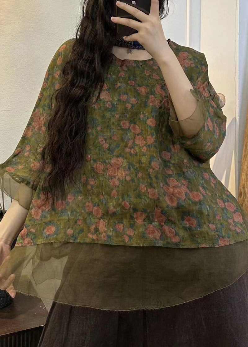 Green O Neck Print Patchwork Linen Top Summer