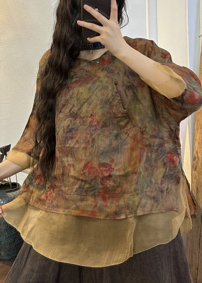 Green O Neck Print Patchwork Linen Top Summer