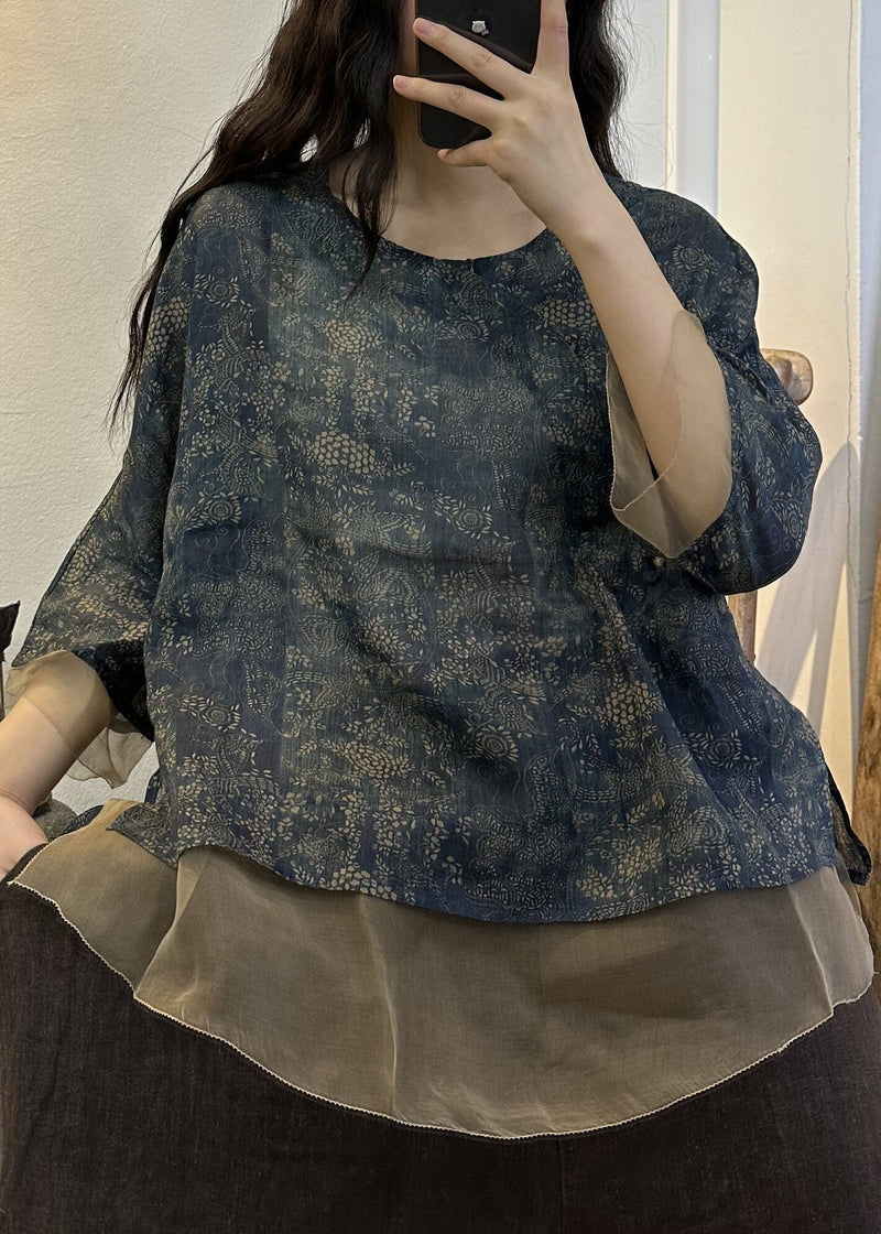 Green O Neck Print Patchwork Linen Top Summer
