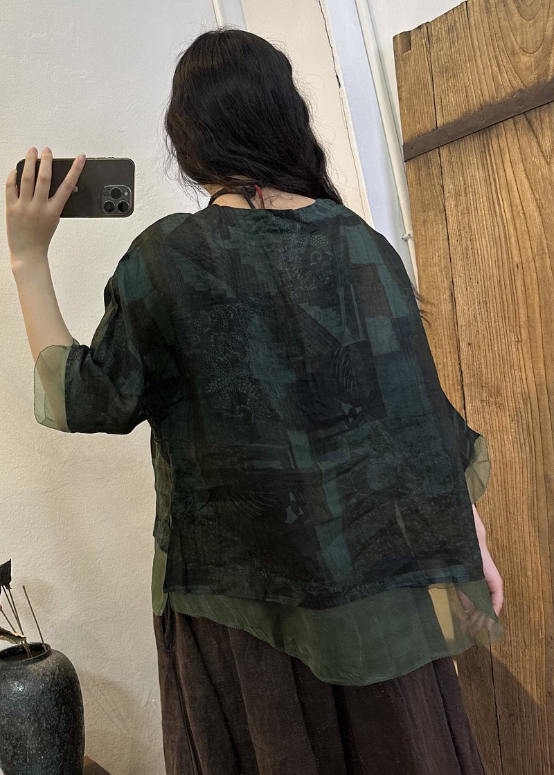 Green O Neck Print Patchwork Linen Top Summer