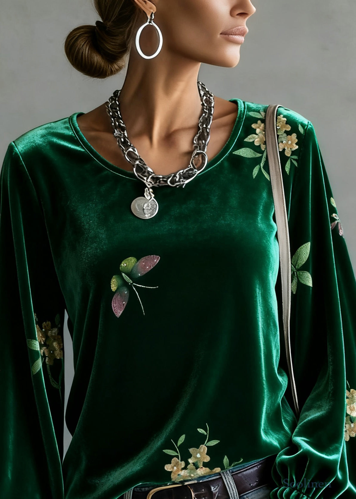 Vintage Green O-Neck Print Silk Velour Tops Spring