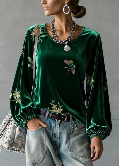 Vintage Green O-Neck Print Silk Velour Tops Spring