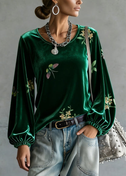 Vintage Green O-Neck Print Silk Velour Tops Spring