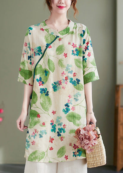 Green O-neck Tie Waist Print Linen Dress Half Sleeve