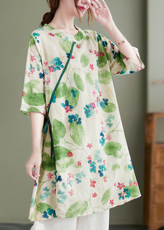 Green O-neck Tie Waist Print Linen Dress Half Sleeve