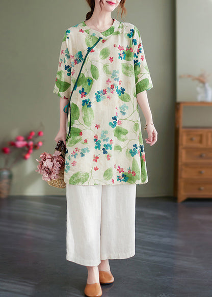 Green O-neck Tie Waist Print Linen Dress Half Sleeve