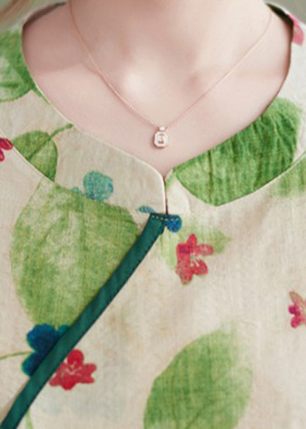 Green O-neck Tie Waist Print Linen Dress Half Sleeve