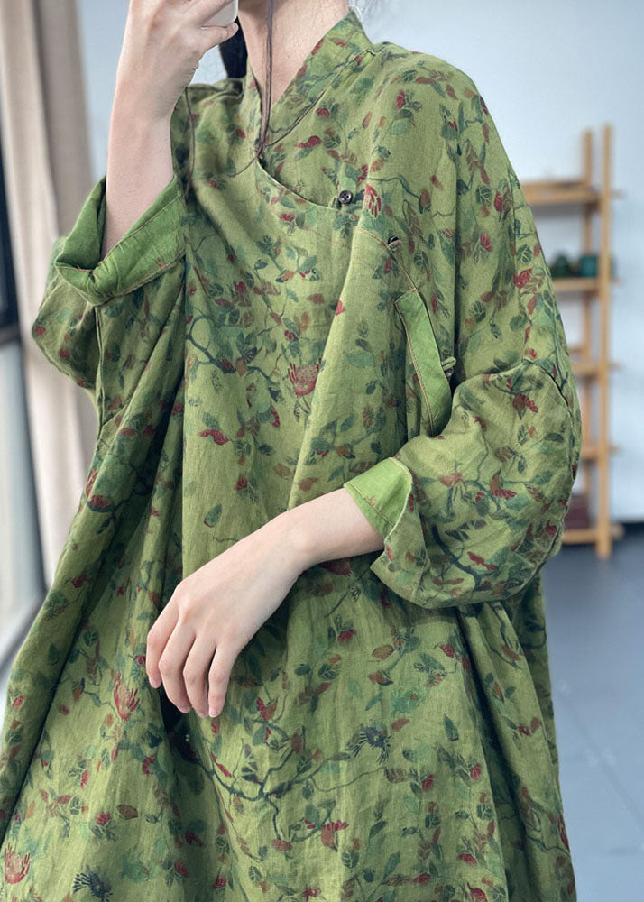 Green Oversized Print Cotton Dresses Batwing Sleeve